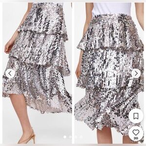 NWT Zara 3-Tiered Silver Sequin Skirt Size L